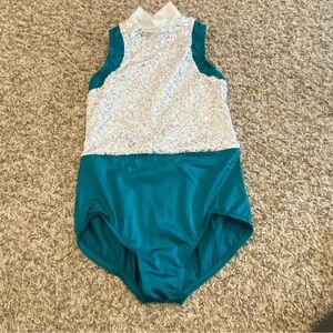 Teal and White Sleeveless Weismann Leotard